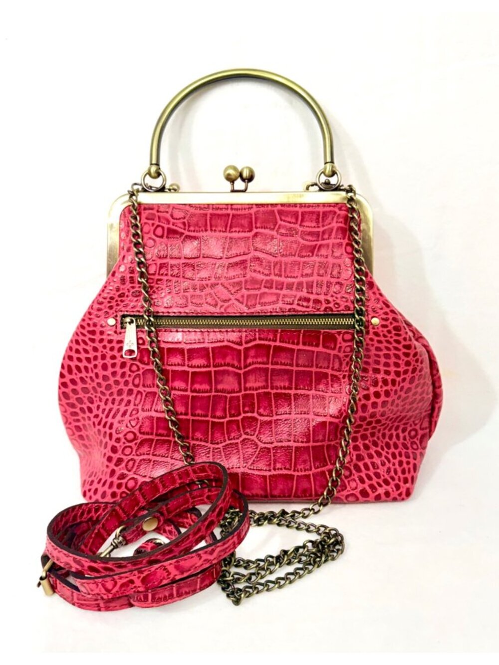Patricia Nash Novella Kiss Lock Leather Handbag w/Strap/Chain/Handle Dust Bag
